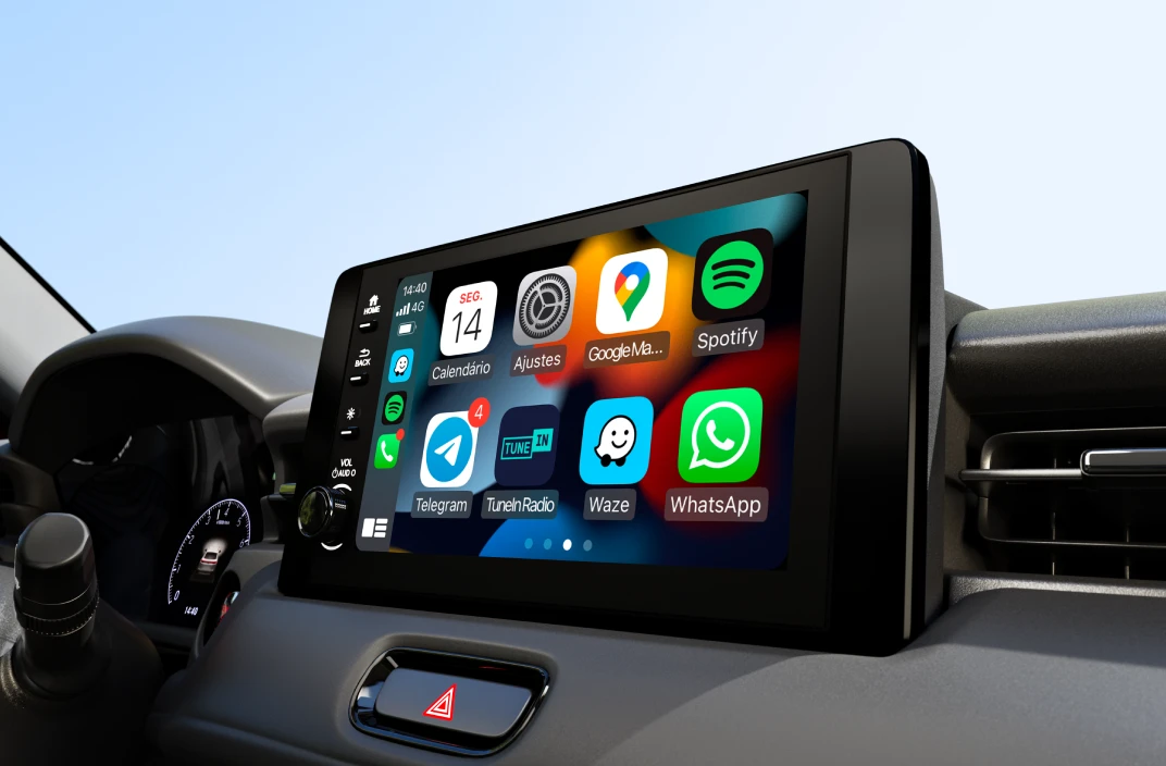 Multimídia 8” com conexão Apple CarPlay e Android Auto