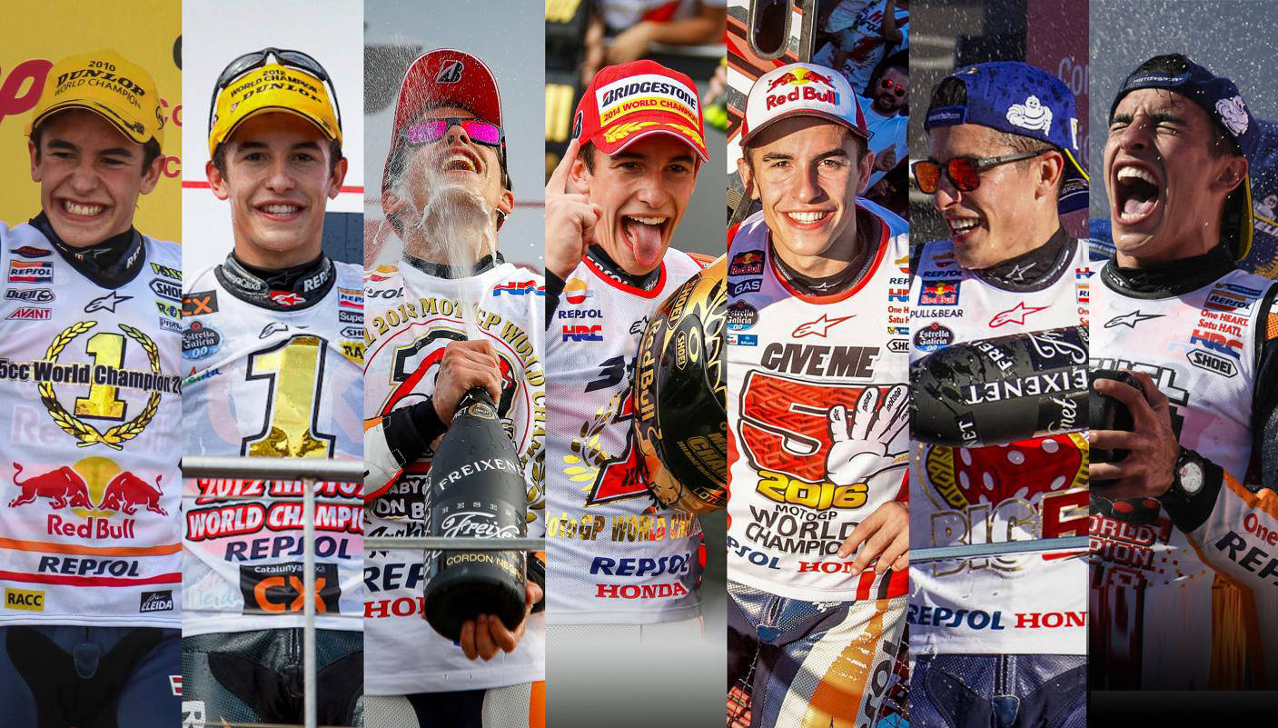 Piloto da Honda Marc Marquez em diversos imagens de pódios comemorando a vitória na corrida