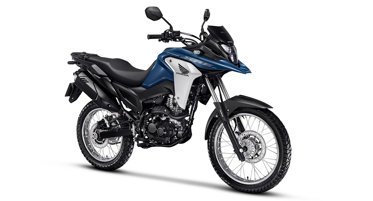 Nova moto Honda XRE 190 2025 azul metálico de lado