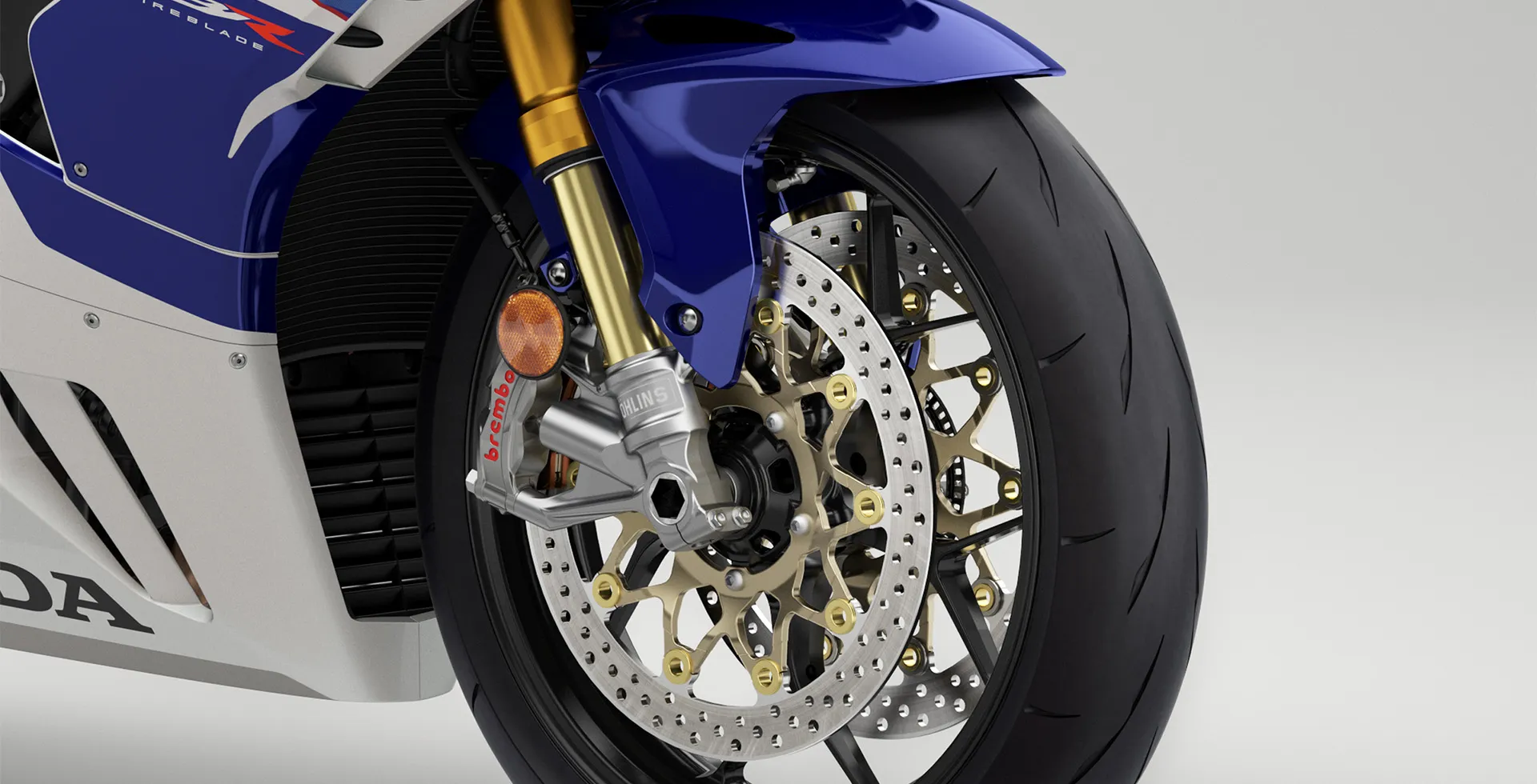 Detalhe da Roda e Freio Dianteiro da Moto Honda CB 1000RR R Fireblade SP