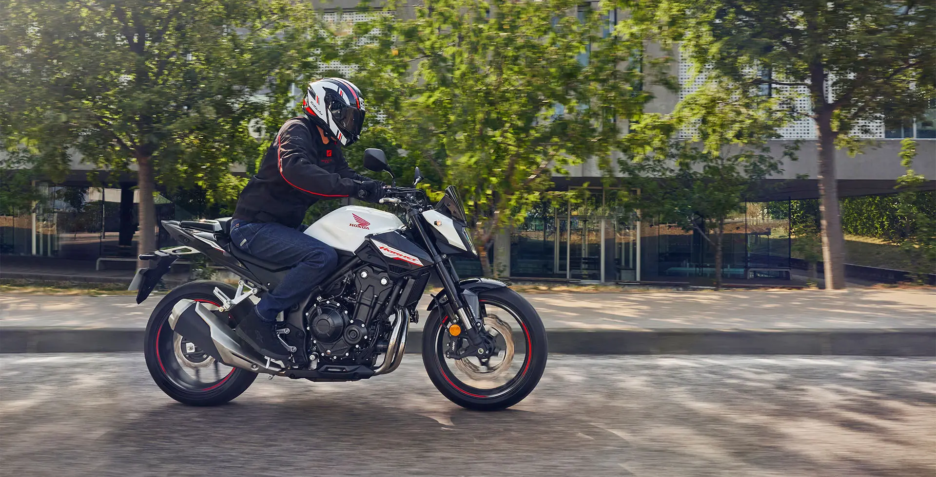 Homem pilotando Hornet 500 com árvores ao fundo