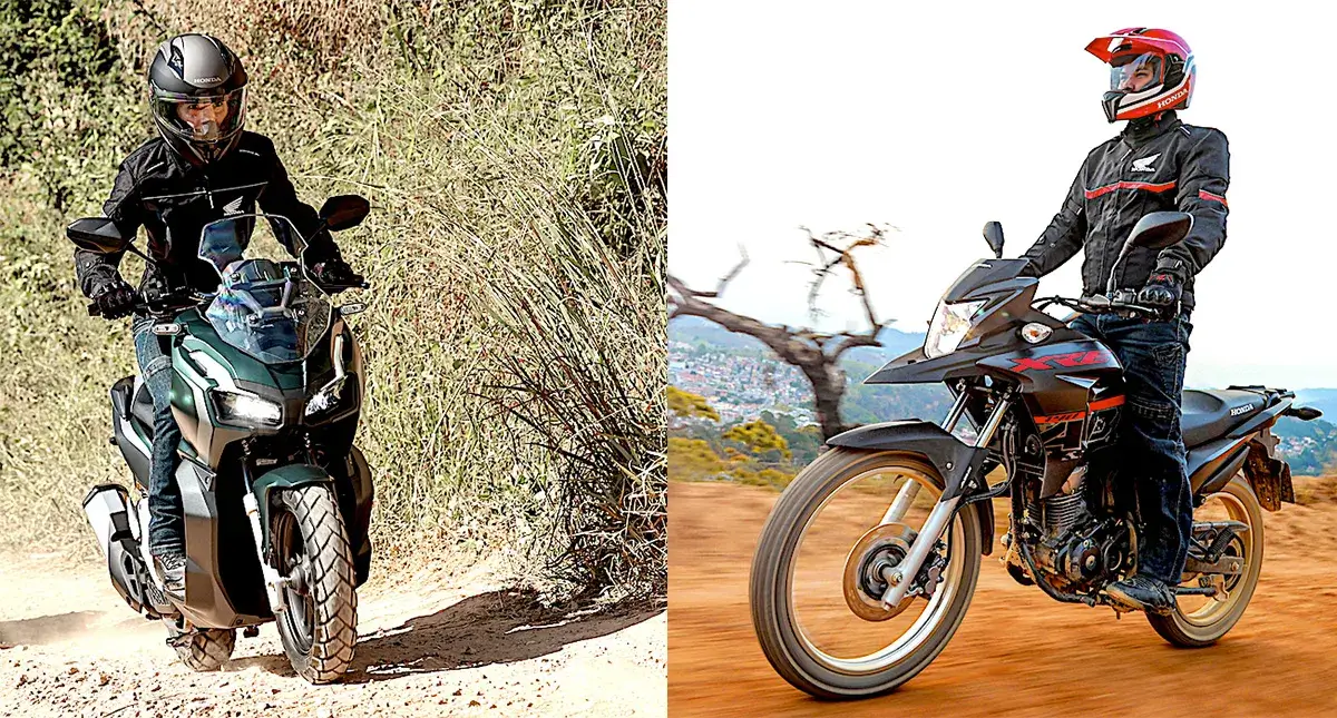 Moto Honda Scooter ADV em movimento, cor esmeralda e preta à esquerda do banner, e à direita Moto Honda trail XRE 190 em movimento, cor vermelha e preta