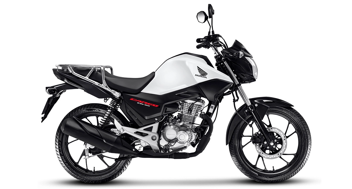 Lateral da nova motocicleta Honda Cargo 2025 em prata e preto