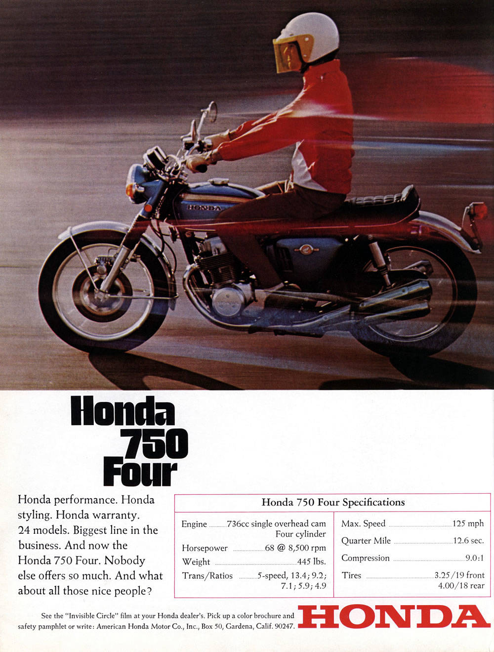 Anúncio da Honda CB 750 Four especificações técnicas