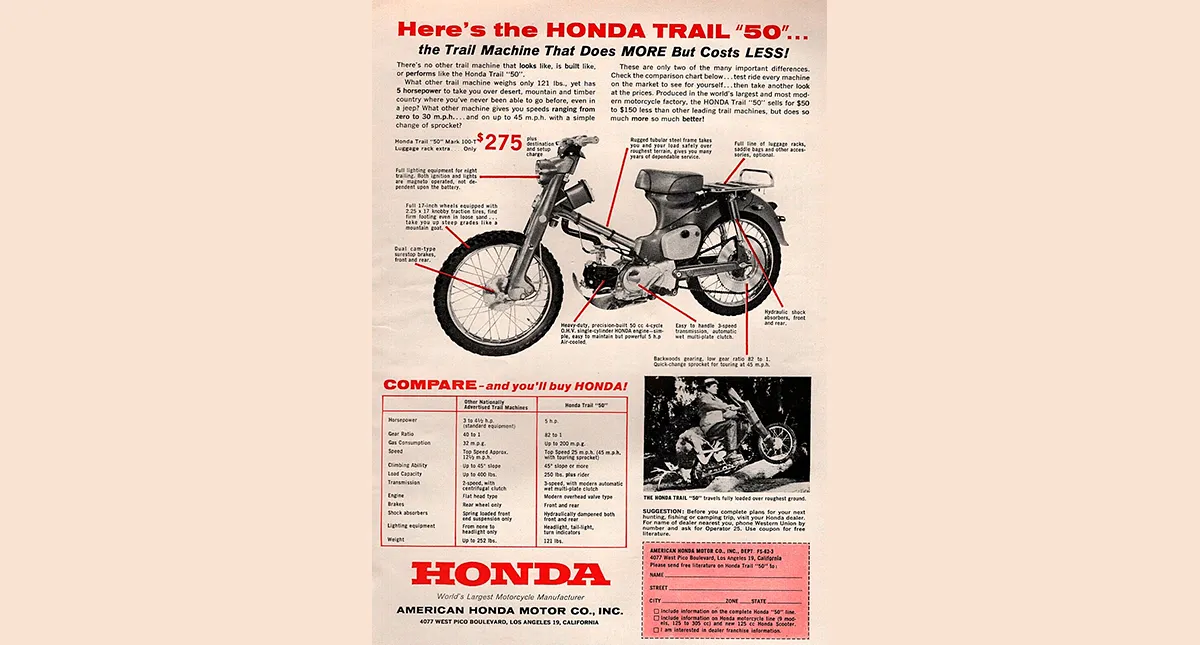 Folheto da moto Honda Trail 50 com informações sobre a motocicleta