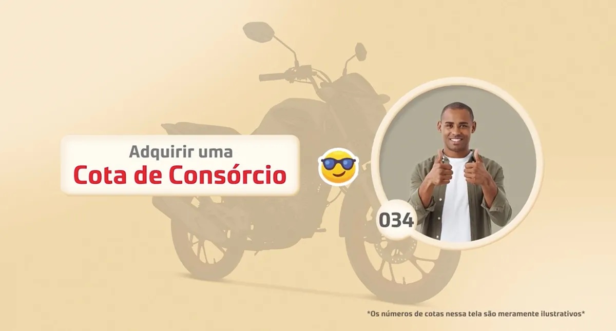 Cartaz Cota de Consórcio com homem careca sorrindo a frente e moto ao fundo