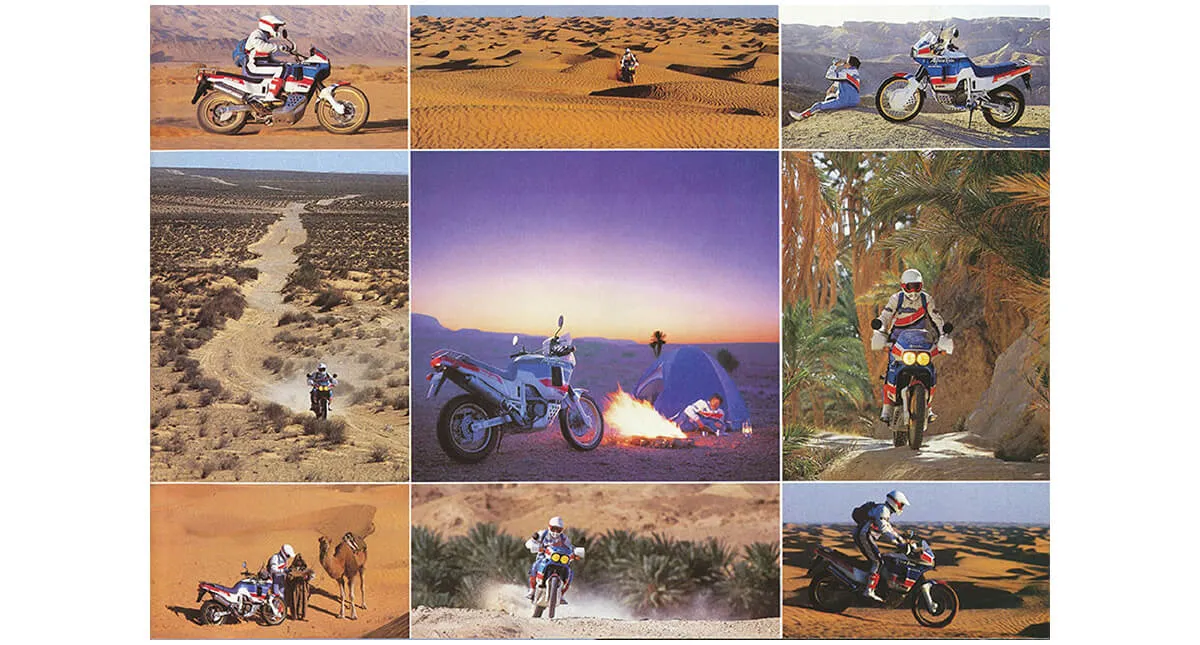 Mosaico de imagens do piloto e motocicleta Honda XRV 650 no deserto