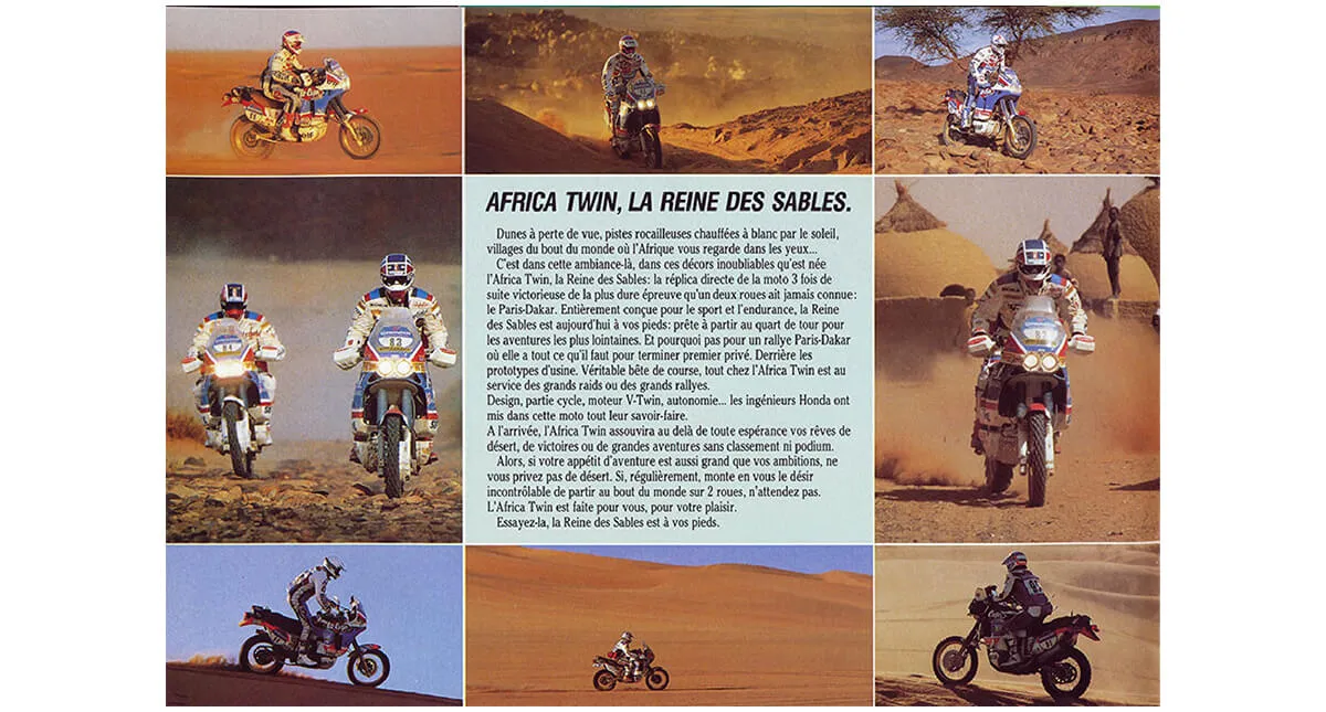 Mosaico de imagens de pilotos e motocicleta Honda XRV 650 no Paris Dakar
