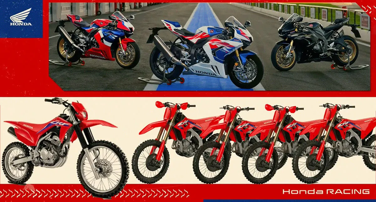Banner Honda Racing com diversas motocicletas da Honda