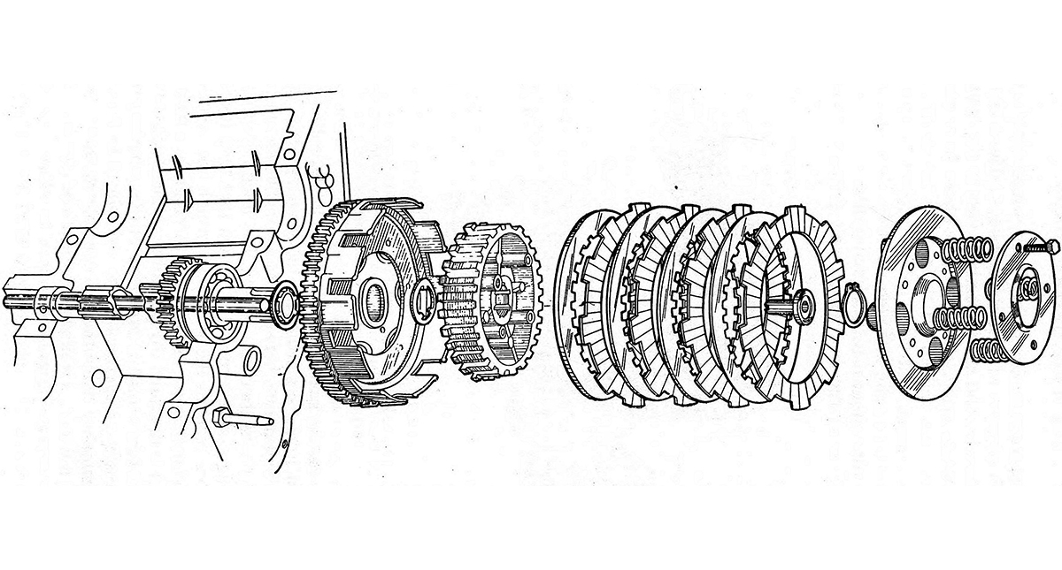 Desenho de peças que compõem a embreagem de uma moto Honda