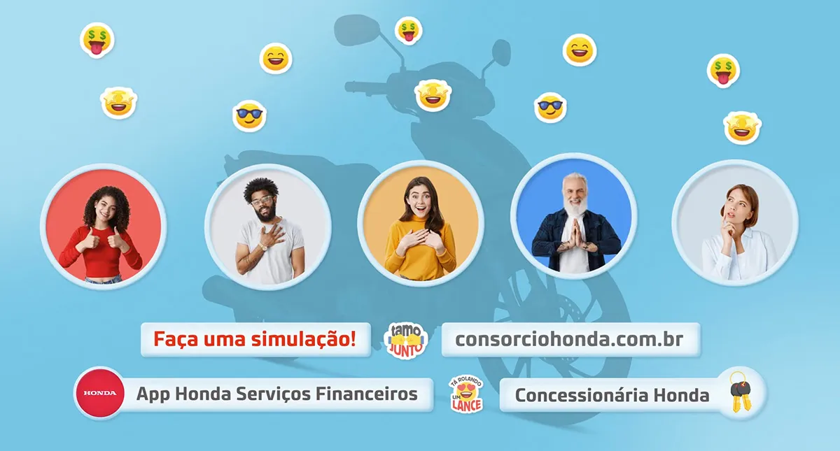 Cartaz Faça uma simulação do consórcio Honda com pessoas felizes e emojis